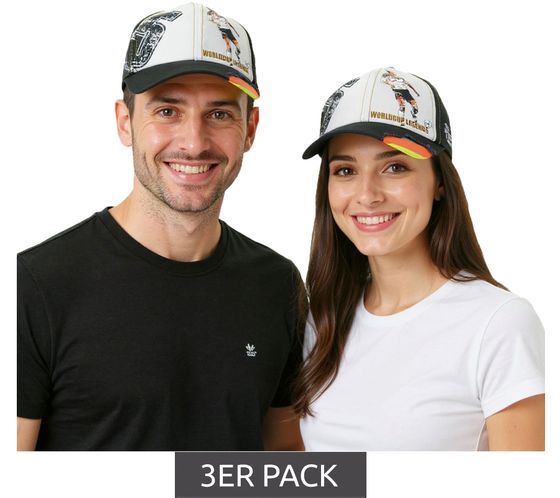 3er Sparpack WORLDCUP LEGENDS Unisex Baseball-Cap im Deutschland-Design Baumwoll-Cap mit Fußballspieler-Print Curved-Brim-Cap mit No.5-Print Damaged-Look TC123027WCL Schwarz