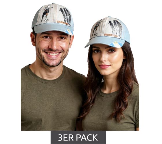 3er Sparpack WORLDCUP LEGENDS Unisex Baseball-Cap im Argentinien-Design Baumwoll-Cap mit Diego Maradona-Print Curved-Brim-Cap Damaged-Look TC123029WCL Blau/Weiß