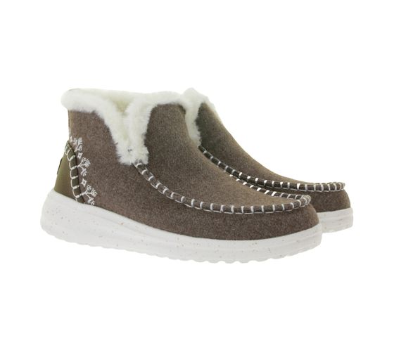 HEY DUDE Denny Faux Damen Schlupf-Stiefelette mit Kunstlammfellfutter und Wechselfußbett 40208-267 Braun
