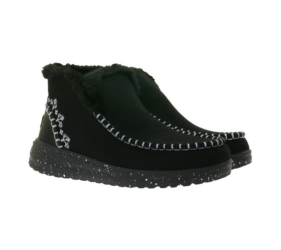 HEY DUDE Denny Faux Damen Schlupf-Stiefelette mit Kunstlammfellfutter und Wechselfußbett 40208-001 Schwarz