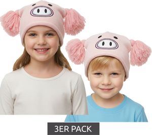 3er Sparpack Schweinchen Mütze Teenager Beanie mit Bommeln und niedlichem Gesicht vorne BE170080PLW Rosa
