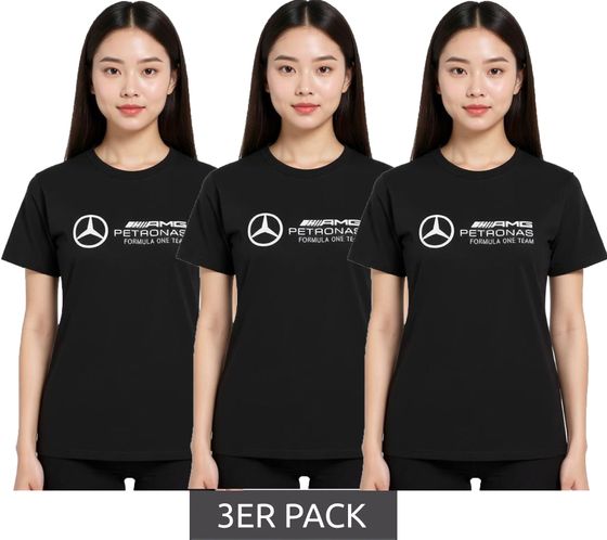 3-pack Mercedes-Benz AMG Petronas F1 MAPF Women's T-Shirt, Cotton T-Shirt with Large Logo, Short-Sleeved Shirt, 701227045 001 Black