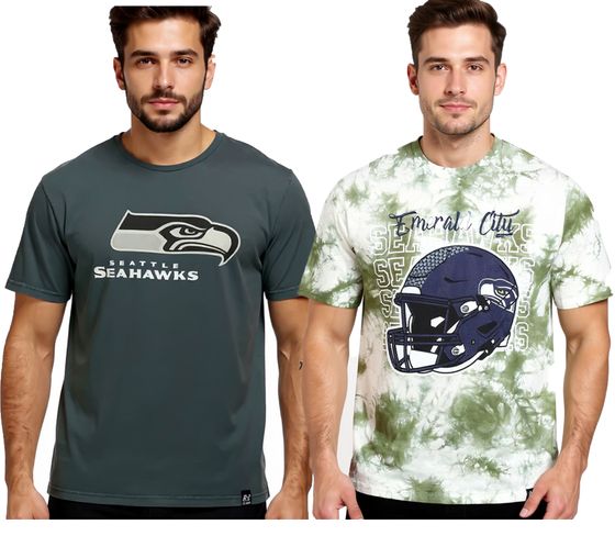 RE:COVERED X NFL Seattle Seahawks Men's T-Shirt with Logo Print, Cotton Crew Neck, Gray or Green Tie-Dye