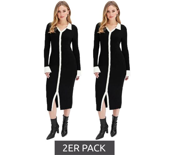 2er Sparpack Damen gestricktes Midi-Hemdkleid Langarm-Kleid mit V-Ausschnitt Strick-Kleid 969584 Schwarz