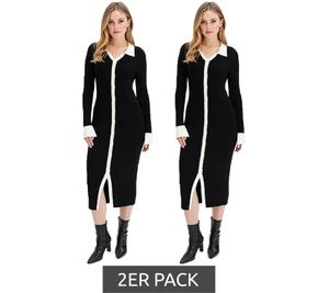 2-pack women's knitted midi shirt dress, long-sleeved dress with V-neck, knitted dress, 969584, black