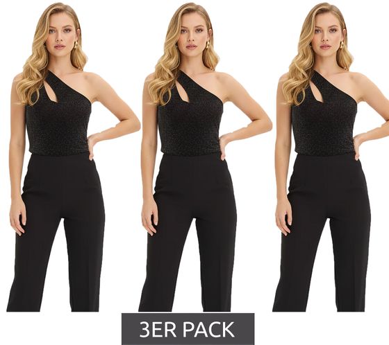 3er Sparpack elegantes Damen One-Shoulder Glitzer-Top mit Cut-Out-Detail Urlaubs-Kleidung 903349 Schwarz/Gold