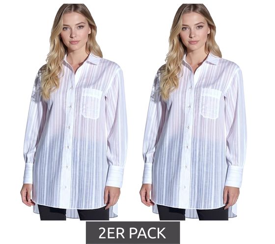 2er Sparpack vestino Damen Oversized Bluse im Boyfriend Style Transparent mit Strukturstreifen Sommer-Bluse 900600 Weiß