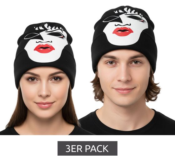 3-pack KISS beanies with large front print. Knitted fan beanie with logo on the neck. Value pack SK162060KIS Black.