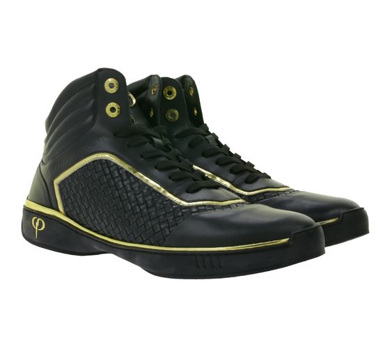 PHINOMEN Damen und Herren Luxus Sneaker Made in Italien Handarbeit Echtleder-Schuhe Schwarz/Gold
