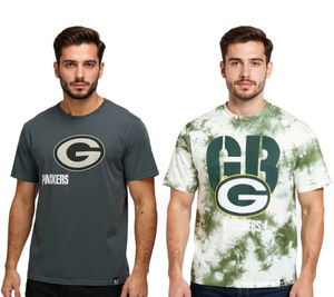 RE:COVERED X NFL Men's T-Shirt with Green Bay Packers Logo Print, Cotton Crew Neck in Gray or Tie-Dye Green/White