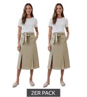 2er Pack romantischer Damen Sommer-Rock mit Bindegürtel aus reinem Leinen Midi-Rock 927542 Khaki