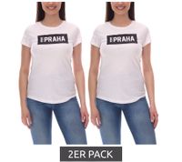 2er Pack PUMA City Damen Baumwoll-Shirt mit Praha/Prag Schriftzug Kurzarm-Shirt Rundhals-Shirt Sparpack 575957 20 Weiß/Schwarz