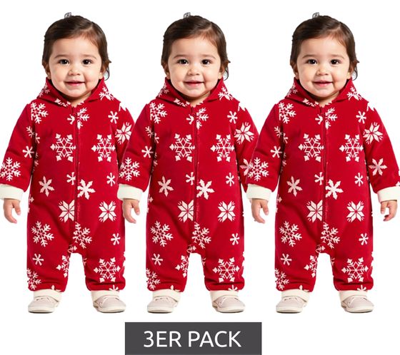 3er Sparpack Jumpsuit Kleinkinder Overall Fleece-Anzug mit Kapuze Schneeflocken-Design mit Reißverschluss Baby-Anzug 954927 Rot/Weiß