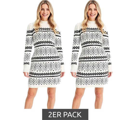 2er Sparpack Damen Fairisle-Strick-Minikleid mit Rollkragen Langarm-Kleid 946814 Weiß