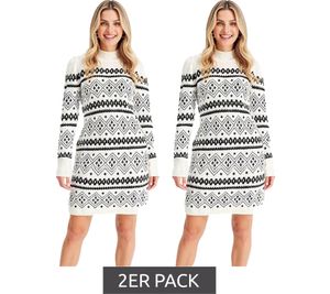 2er Sparpack Damen Fairisle-Strick-Minikleid mit Rollkragen Langarm-Kleid 946814 Weiß