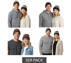3er Sparpack Trust Co Unisex Häkel-Mütze Winter-Mütze weiche Strick-Mütze mit Streifen Baumwoll-Mütze Navy/Weiß, Braun/Weiß, Khaki/Weiß oder Navy/Rot