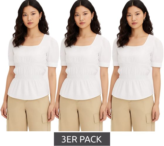 3er Pack Damen Bluse mit Puffärmeln Baumwoll-Bluse Sommer-Top Kurzarm-Shirt Sparpack 961520 Weiß