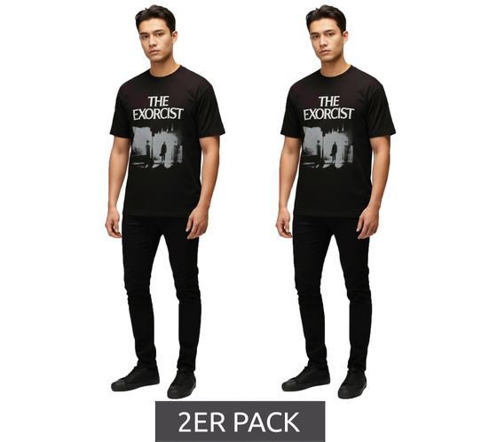 2er Sparpack RE:COVERED X THE EXORCIST FILM Herren T-Shirt mit Foto-Print Baumwoll-Shirt Rundhals-Shirt RCWARN559 Schwarz