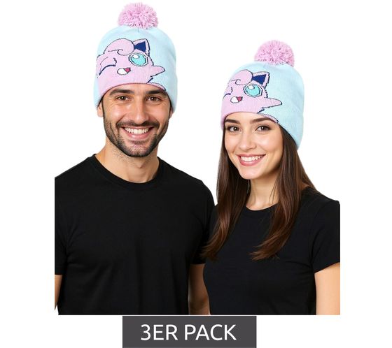3er Sparpack POKEMON Beanie mit Bommel im Pummeluff Design Gaming-Mütze Strick-Beanie Fan-Artikel KC160211POK Blau/Rosa
