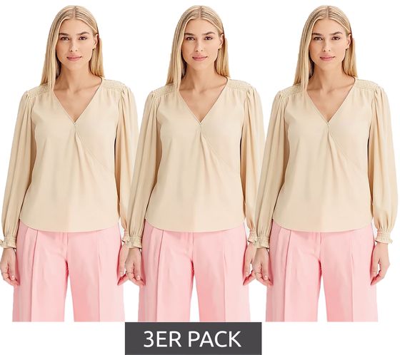 3er Sparpack Damen Longsleeve mit V-Ausschnitt Satin-Tunika Alltags-Pullover 946373 Beige