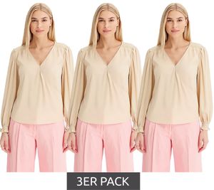 Confezione Risparmio da 3: Maglia da donna a maniche lunghe con scollo a V in raso, adatta a tutti i giorni, 946373 Beige Confezione Risparmio da 3: Maglia da donna a maniche lunghe con scollo a V in raso, adatta a tutti i giorni, 946373 Beige