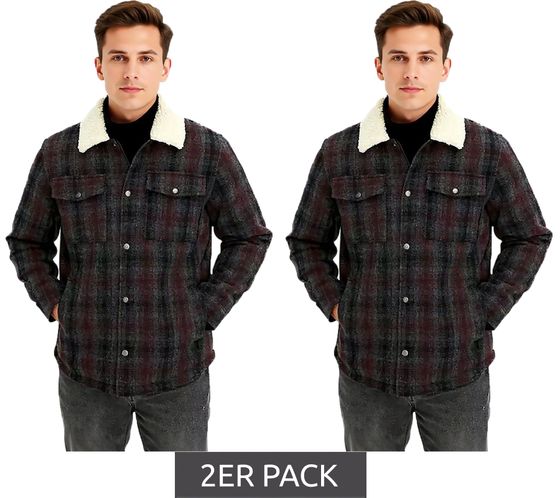 2er Sparpack Herren Hemd-Jacke Kunstfelljacke im Karo-Muster modisches Langarm-Hemd 957592 Schwarz/Grau/Rot