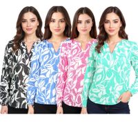 ZWILLINGSHERZ Women's Summer Blouse with Leaf Pattern, Cotton Long Sleeve Shirt 33229, Green, Black, Pink, or Blue