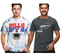 Camiseta RE:COVERED X NFL para hombre, cuello redondo de algodón con estampado de letras del logo de los Buffalo Bills en gris o azul/blanco tie-dye