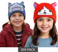 3er Sparpack Yo-kai Watch Jibanyan oder Robonyan Beanie Strick-Mütze Kinder Kopfbedeckung mit Ohren Orange/Pink oder Blau