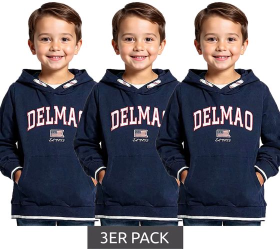 3er Sparpack DELMAO Kinder Baumwoll-Pullover mit Kapuze und großem Frontlogo Langarm-Shirt 65583222 Blau
