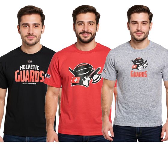 European League of Football Helvetic Guards Men's T-Shirt Printed Fanwear in Gray, Red, or Black