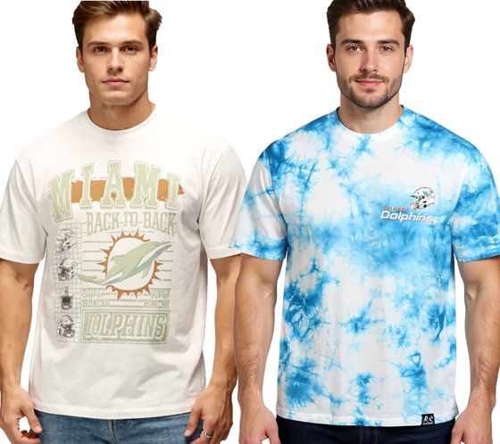 RE:COVERED X NFL Miami Dolphins Men's T-Shirt with Front Print, Cotton Shirt, RCNFL, Ecru-White or Tie-Dye Blue