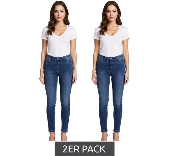 2-pack women's slim-fitting denim jeans in a 4-pocket style with an elastic waistband, 956723 Blue