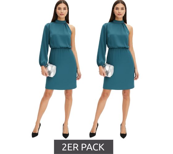 Pack económico de 2: Elegante vestido de un solo hombro para mujer, vestido primaveral de satén brillante, vestido midi, 925469 verde
