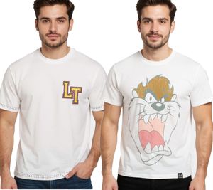 RE:COVERED X LOONEY TUNES Herren T-Shirt mit Tasmanischer Teufel oder Basketball Print Baumwoll-Shirt Rundhals-Shirt Ecru-Weiß RE:COVERED X LOONEY TUNES Herren T-Shirt mit Tasmanischer Teufel oder Basketball Print Baumwoll-Shirt Rundhals-Shirt Ecru-Weiß