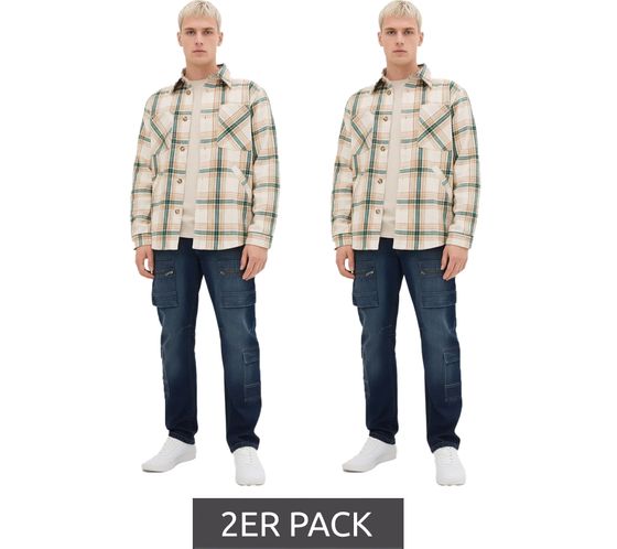 Pack de 2 chaquetas camiseras a cuadros para hombre, de transición, beige/verde/blanco