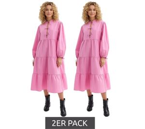 2-pack wide women's midi dress with bows, spring dress made of pure cotton, long-sleeved dress, 977645 pink