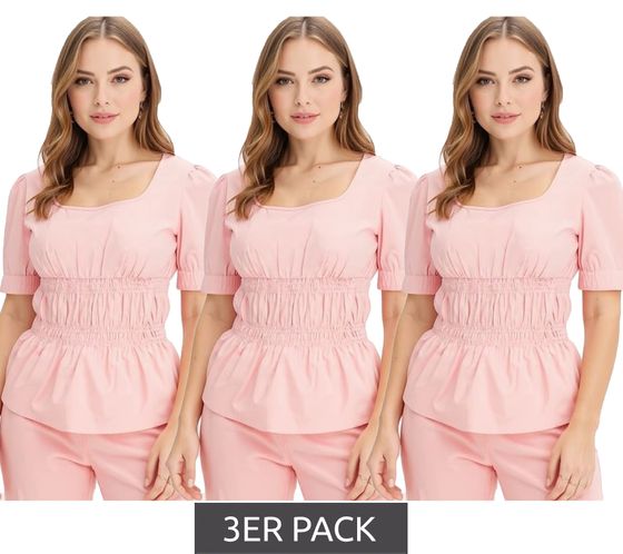 Lot de 3 chemisiers en coton à manches bouffantes, haut d'été et chemise à manches courtes pour femme, 963325 Rose Lot de 3 chemisiers en coton à manches bouffantes, haut d'été et chemise à manches courtes pour femme, 963325 Rose
