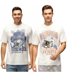 RE:COVERED X NFL Herren T-Shirt mit World Champions-Print Baumwoll-Shirt New England Patriots oder Indianapolis Colts Ecru-Weiß RE:COVERED X NFL Herren T-Shirt mit World Champions-Print Baumwoll-Shirt New England Patriots oder Indianapolis Colts Ecru-Weiß