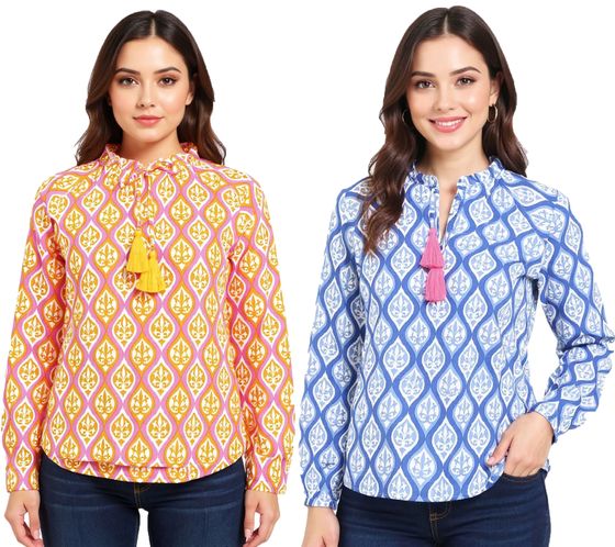 Blusa de verano de algodón para mujer ZWILLINGSHERZ con estampado de enredadera ovalada 33246 Naranja/Rosa o Azul/Blanco/Rosa