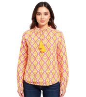 Blusa de verano de algodón para mujer ZWILLINGSHERZ con estampado de enredadera ovalada 33246 Naranja/Rosa o Azul/Blanco/Rosa