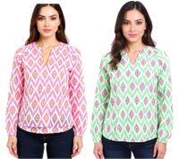 Blusa de verano para mujer ZWILLINGSHERZ con estampado llamativo, camisa de manga larga de algodón 33227 Blanco/Naranja/Rosa o Blanco/Verde/Rosa