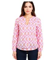 Blusa de verano para mujer ZWILLINGSHERZ con estampado llamativo, camisa de manga larga de algodón 33227 Blanco/Naranja/Rosa o Blanco/Verde/Rosa