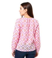 Blusa de verano para mujer ZWILLINGSHERZ con estampado llamativo, camisa de manga larga de algodón 33227 Blanco/Naranja/Rosa o Blanco/Verde/Rosa