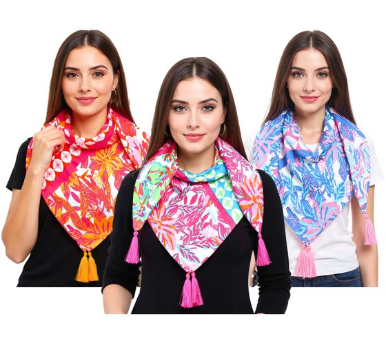 ZWILLINGSHERZ Hawaiian Flower Square Scarf with Flowers and Ornaments Fashion Scarf 3016Q-2907 in Orange, Blue, or Pink Multicolor
