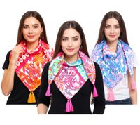 ZWILLINGSHERZ Hawaiian Flower Square Scarf with Flowers and Ornaments Fashion Scarf 3016Q-2907 in Orange, Blue, or Pink Multicolor
