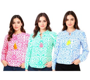 Blouse tunique d'été ZWILLINGSHERZ Ornaments pour femme, à pompons, réf. 33223, disponible en rose, vert ou bleu Blouse tunique d'été ZWILLINGSHERZ Ornaments pour femme, à pompons, réf. 33223, disponible en rose, vert ou bleu