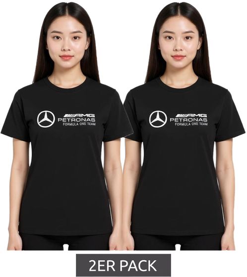 Lot de 2 T-shirts femme Mercedes-Benz AMG Petronas F1 MAPF, 100% coton, grand logo, manches courtes, noir (réf. 701227045 001)