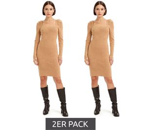 Pack de 2 vestidos de punto acanalado para mujer, con escote cuadrado y manga larga, color marrón (921895)