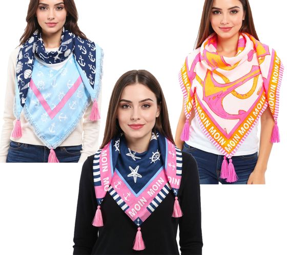 Sciarpa quadrata ZWILLINGSHERZ con ancore e scritta "Moin Moin" - Fashion 3016Q Rosa/Arancione, Rosa/Blu o Blu/Rosa